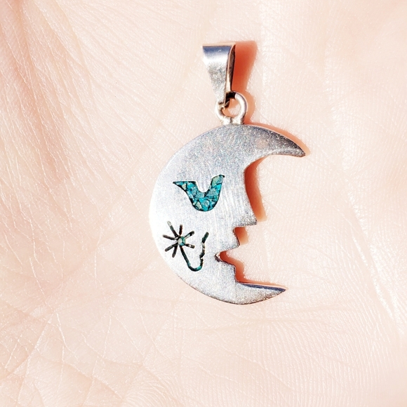 Vintage Signed Silver Taxco Designer Moon Pendant - Picture 4 of 8